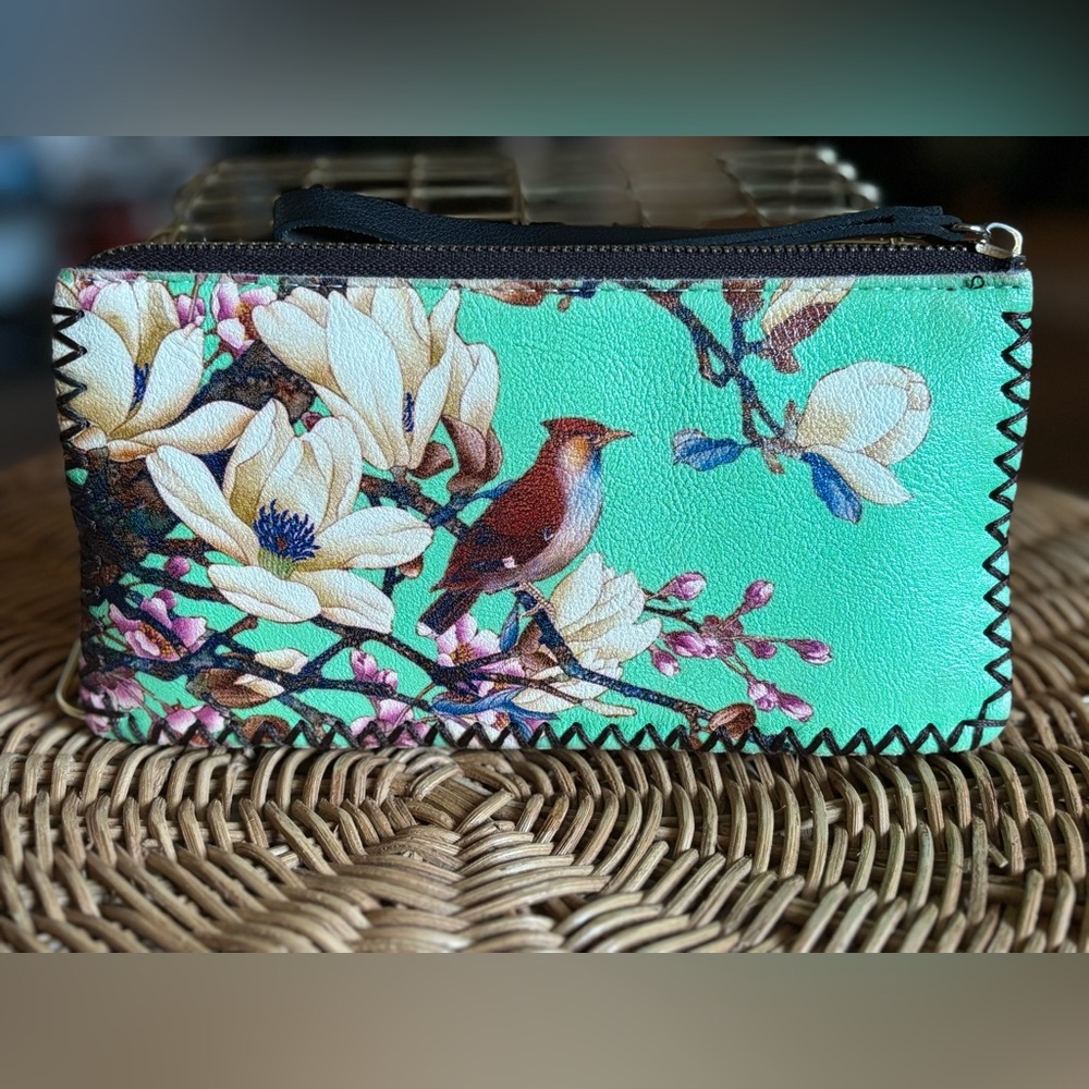 TEAL LEATHER WALLET w/t BIRDS